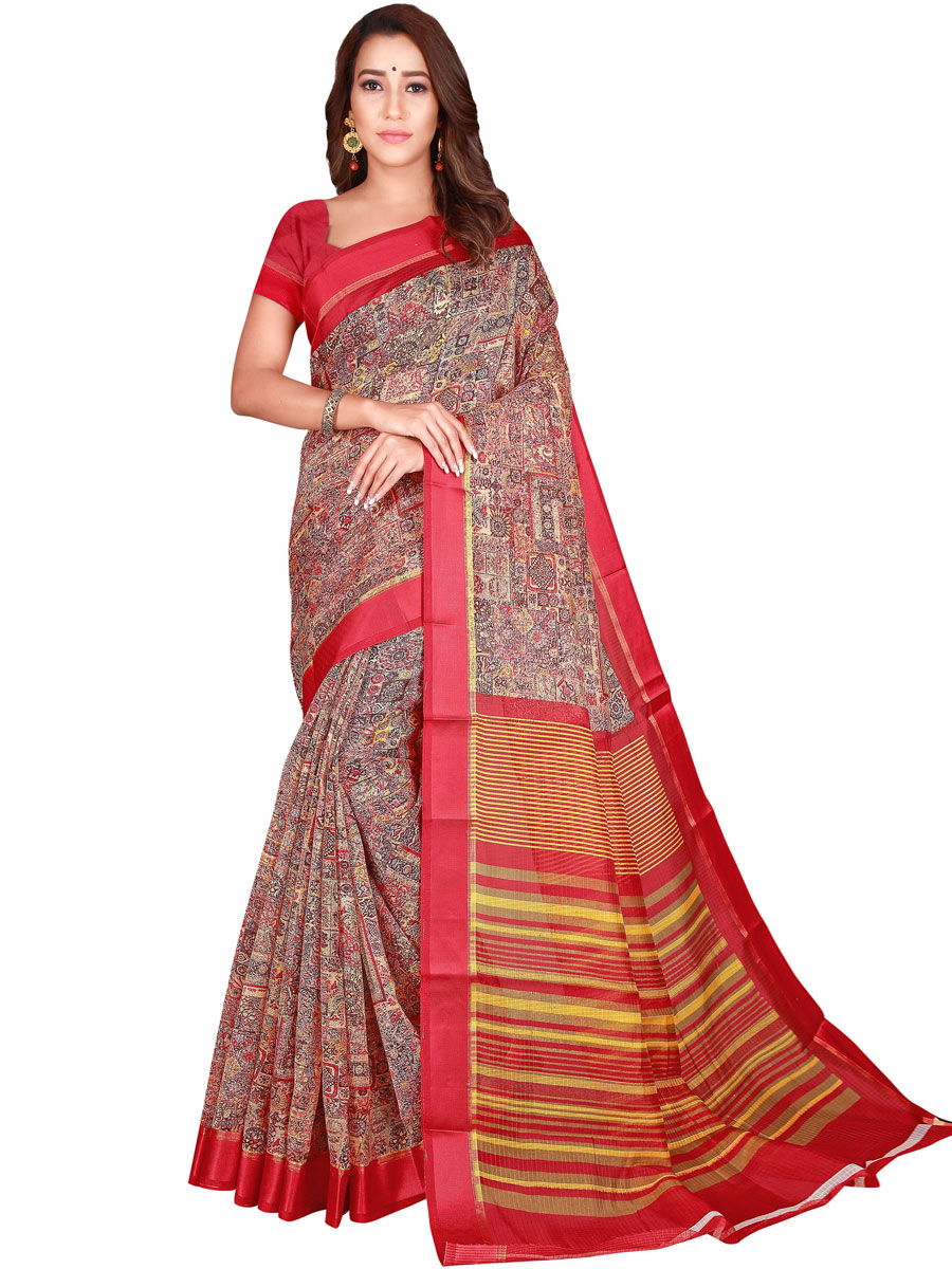 Crimson Red and Cream Yellow Cotton Printed Party Saree