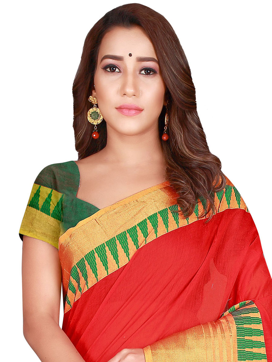 Rose Madder Red Cotton Printed Party Saree