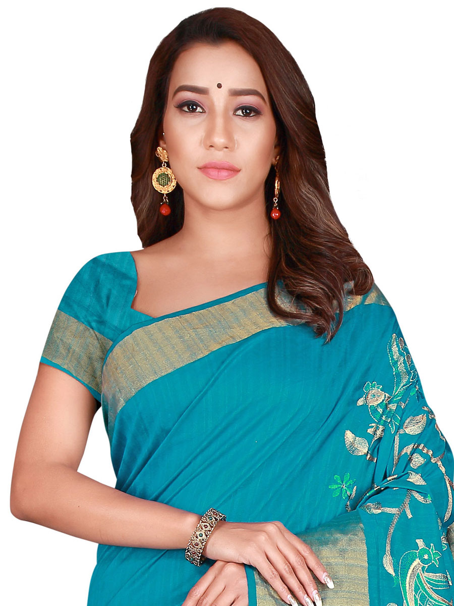 Bondi Blue Silk Embroidered Party Saree