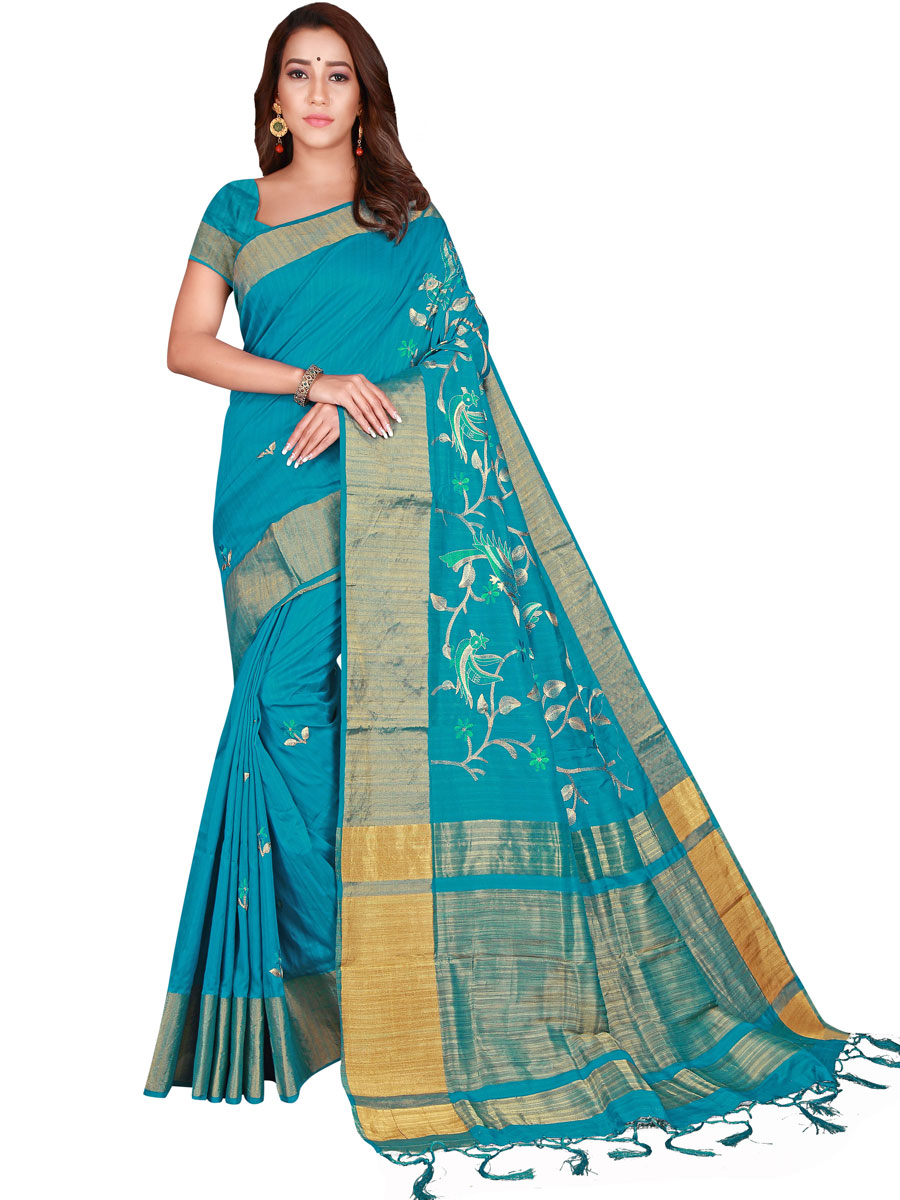Bondi Blue Silk Embroidered Party Saree