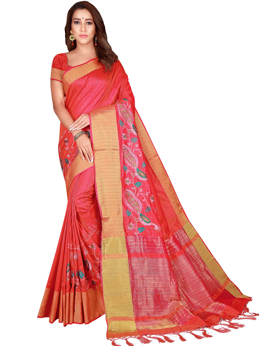 Crimson Red Silk Embroidered Party Saree