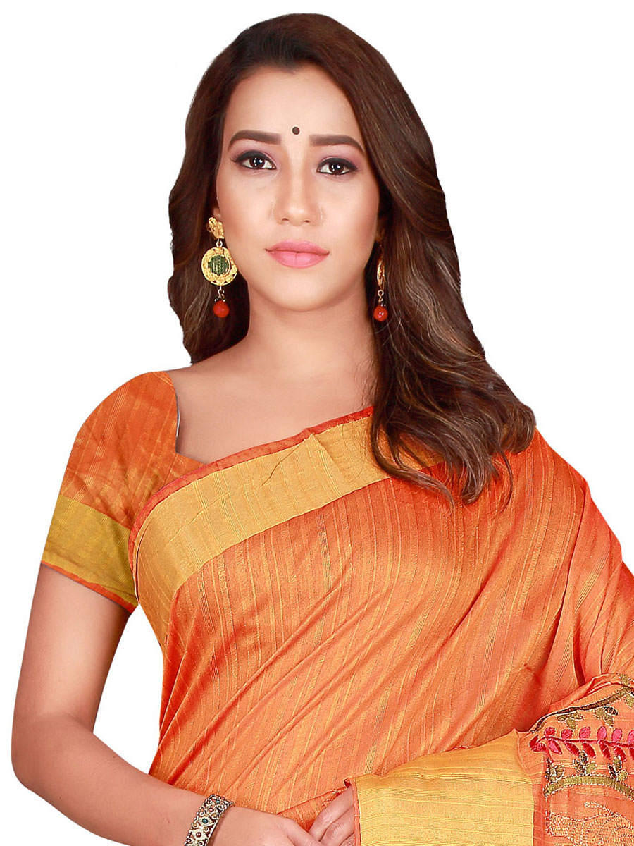 Coral Orange Silk Embroidered Party Saree
