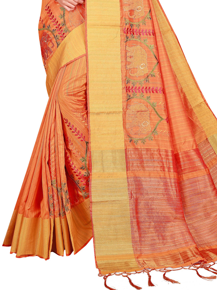 Coral Orange Silk Embroidered Party Saree