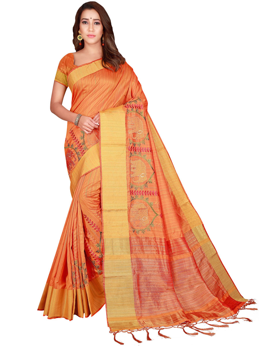 Coral Orange Silk Embroidered Party Saree