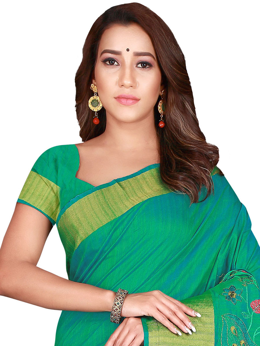 Persian Green Silk Embroidered Party Saree
