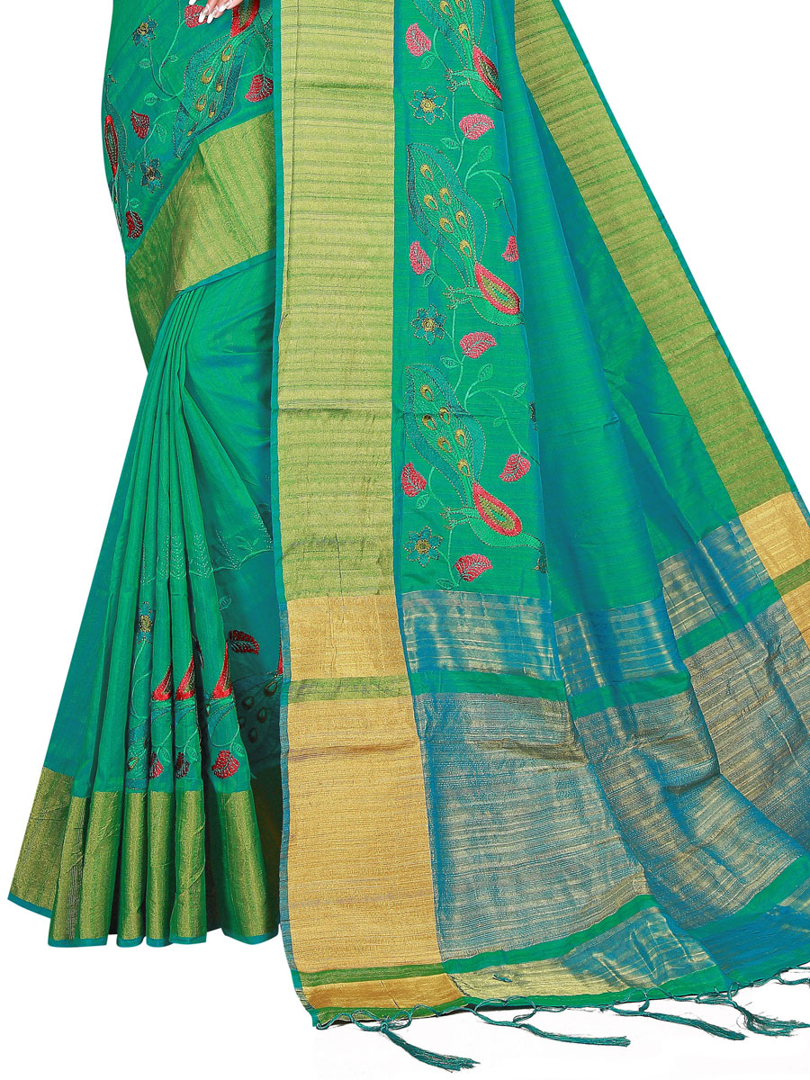 Persian Green Silk Embroidered Party Saree