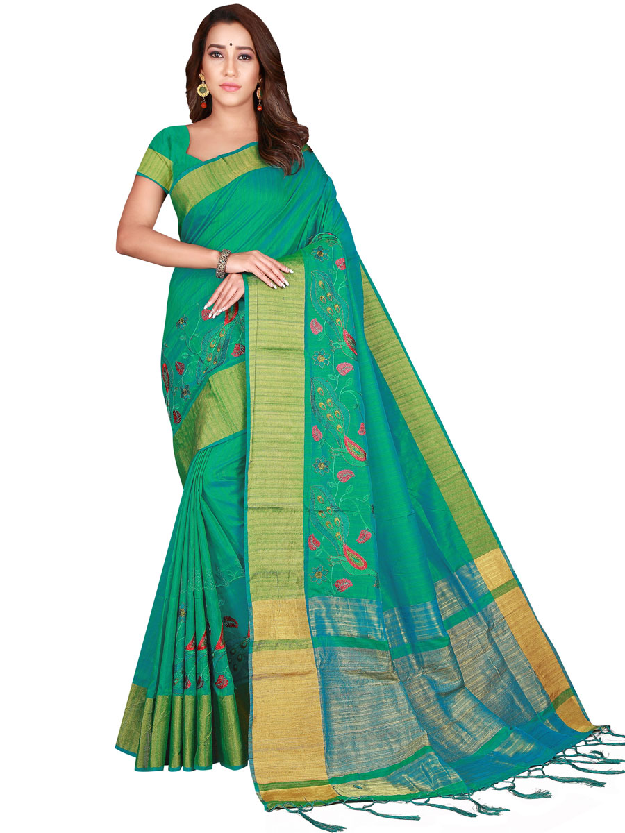 Persian Green Silk Embroidered Party Saree