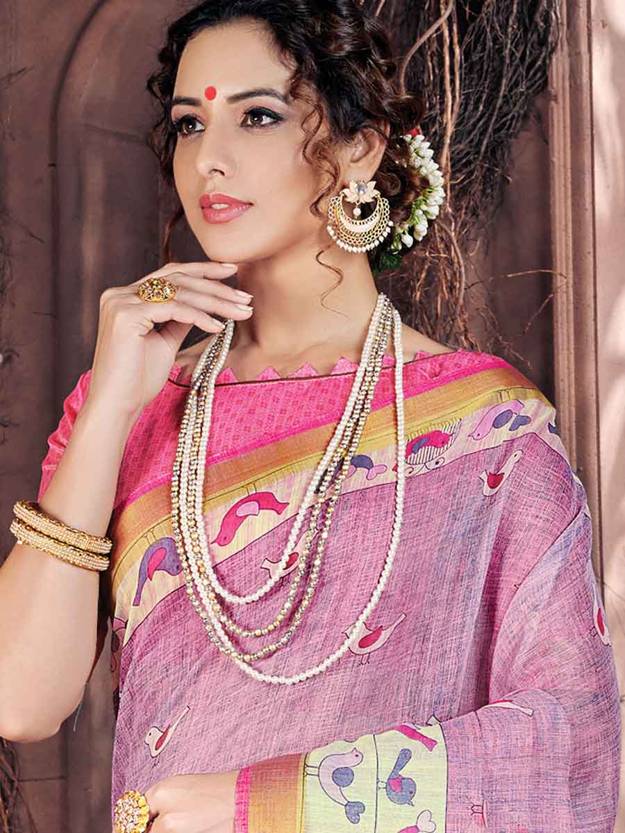 Light Thulian Pink Cotton Printed Festival Saree