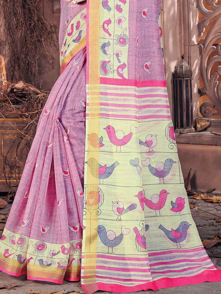 Light Thulian Pink Cotton Printed Festival Saree