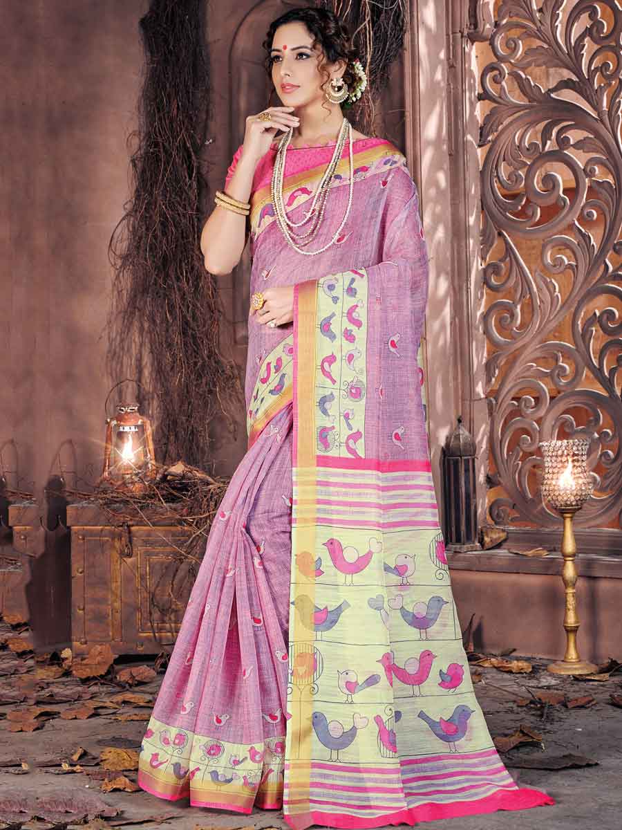 Light Thulian Pink Cotton Printed Festival Saree