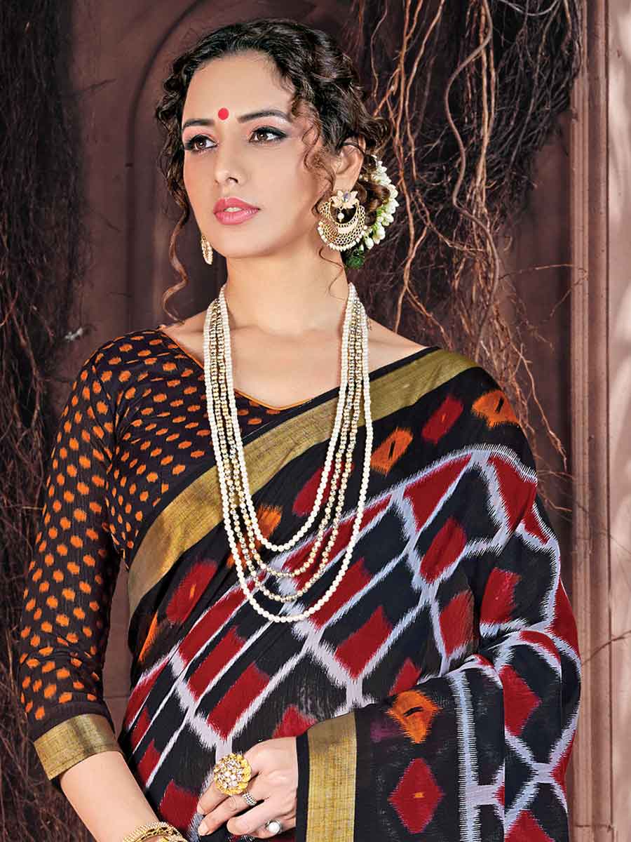 Black and Red Cotton Printed Festival Saree