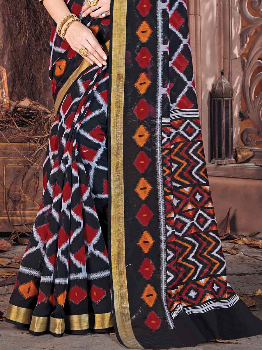 Black and Red Cotton Printed Festival Saree