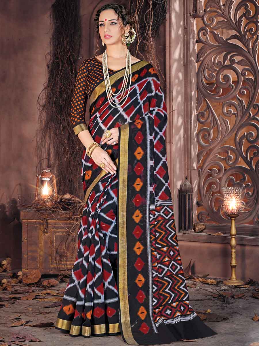 Black and Red Cotton Printed Festival Saree