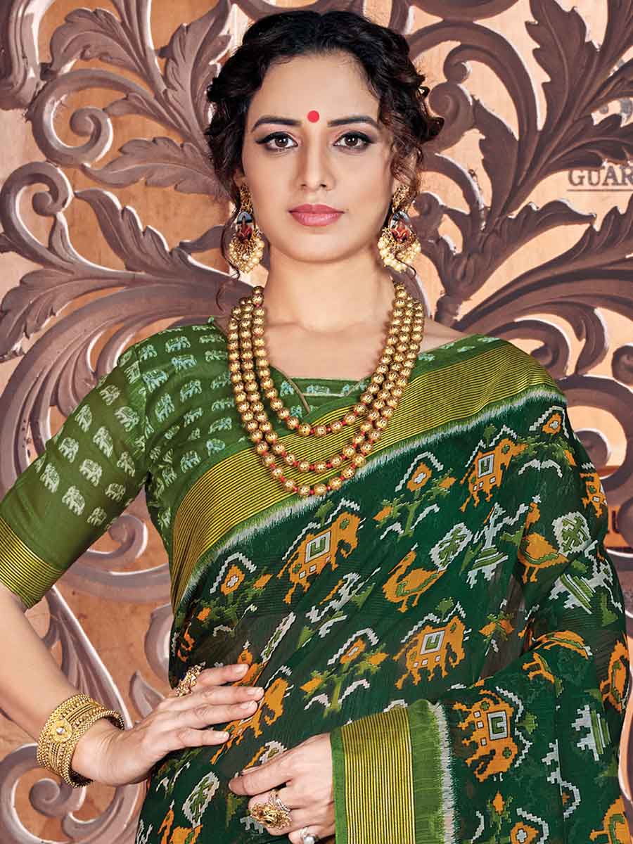 Dark Green Cotton Printed Festival Saree