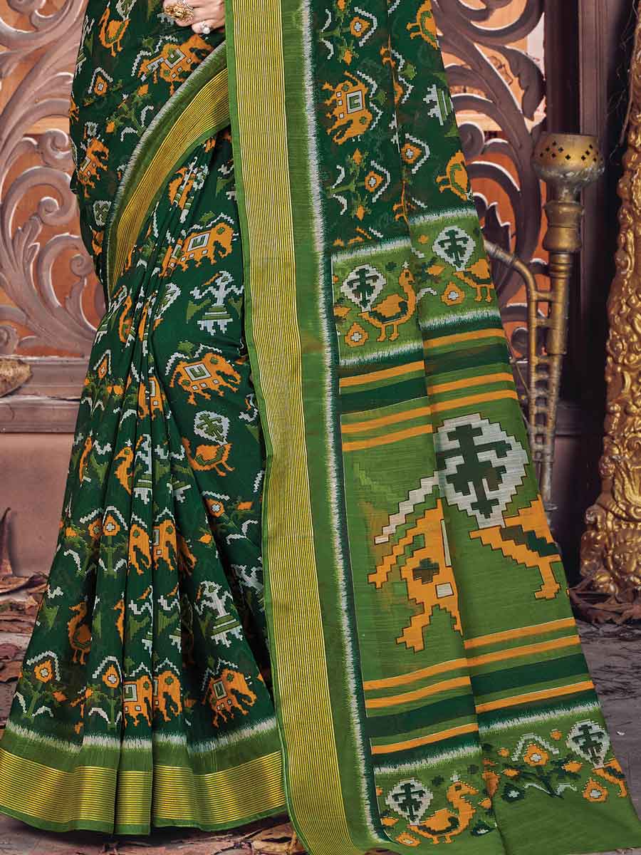 Dark Green Cotton Printed Festival Saree
