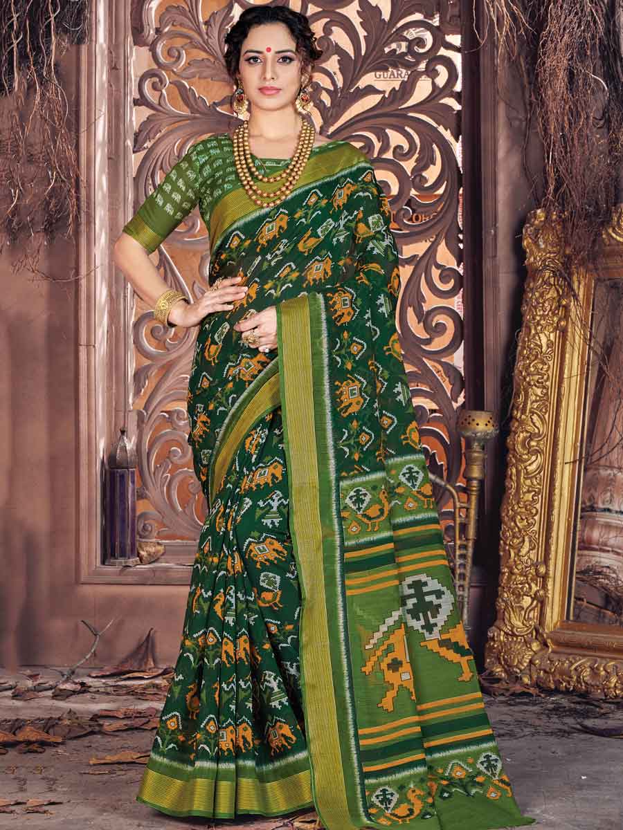 Dark Green Cotton Printed Festival Saree