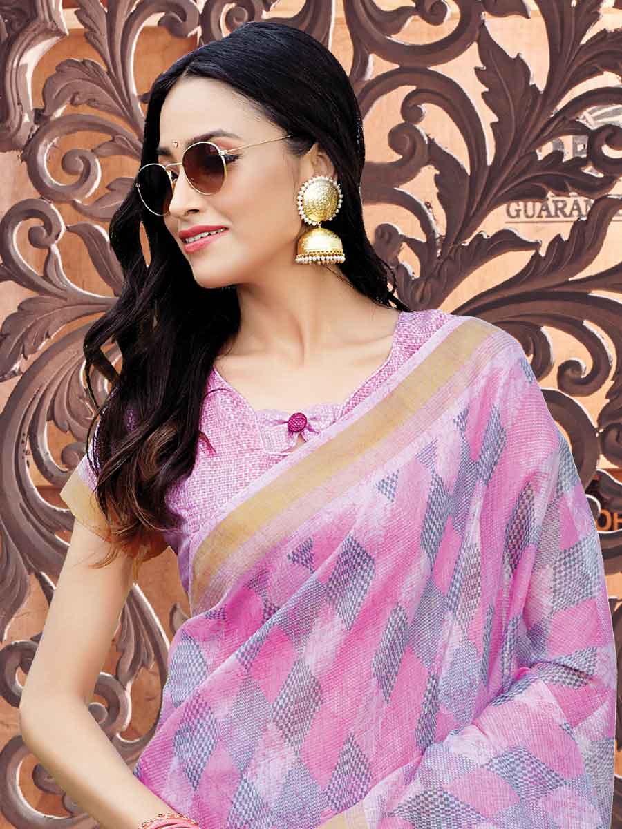 Rose Pink and Gray Cotton Printed Festival Saree