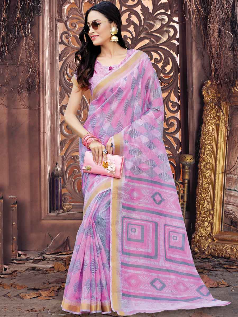 Rose Pink and Gray Cotton Printed Festival Saree