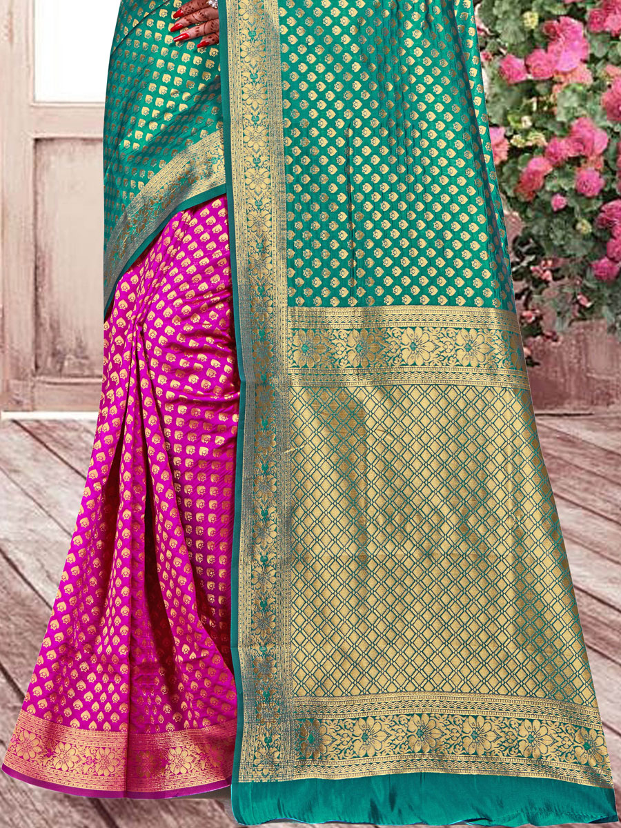 Sea Green and Magenta Pink Banarasi Silk Handwoven Festival Saree