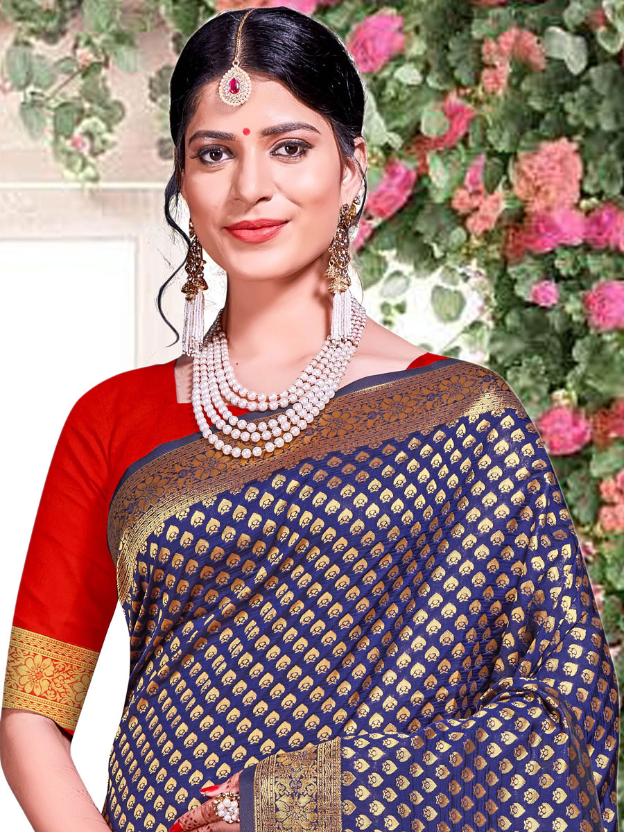 Rose Madder Red and Navy Blue Banarasi Silk Handwoven Festival Saree