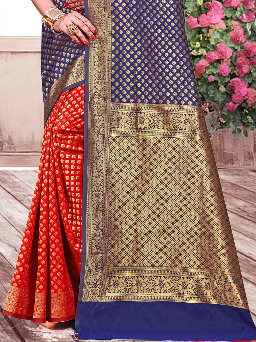 Rose Madder Red and Navy Blue Banarasi Silk Handwoven Festival Saree
