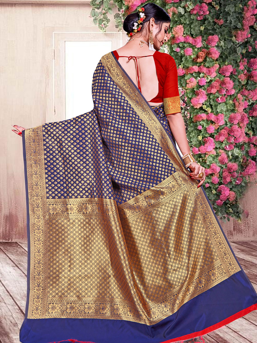 Rose Madder Red and Navy Blue Banarasi Silk Handwoven Festival Saree