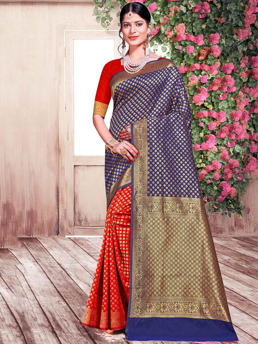 Rose Madder Red and Navy Blue Banarasi Silk Handwoven Festival Saree