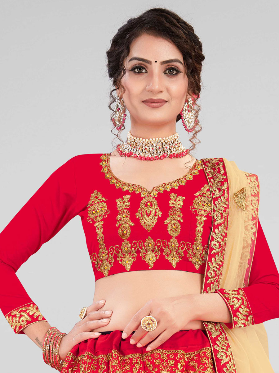 Rose Madder Red Satin Silk Embroidered Wedding Lehenga Choli