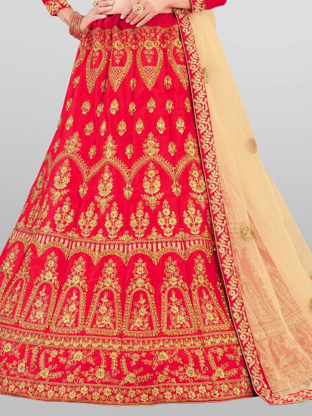 Rose Madder Red Satin Silk Embroidered Wedding Lehenga Choli