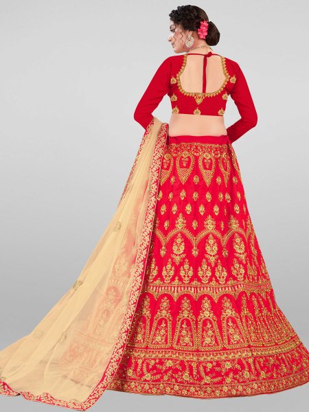 Rose Madder Red Satin Silk Embroidered Wedding Lehenga Choli