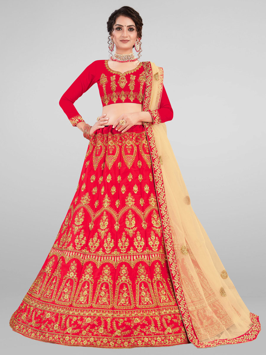 Rose Madder Red Satin Silk Embroidered Wedding Lehenga Choli