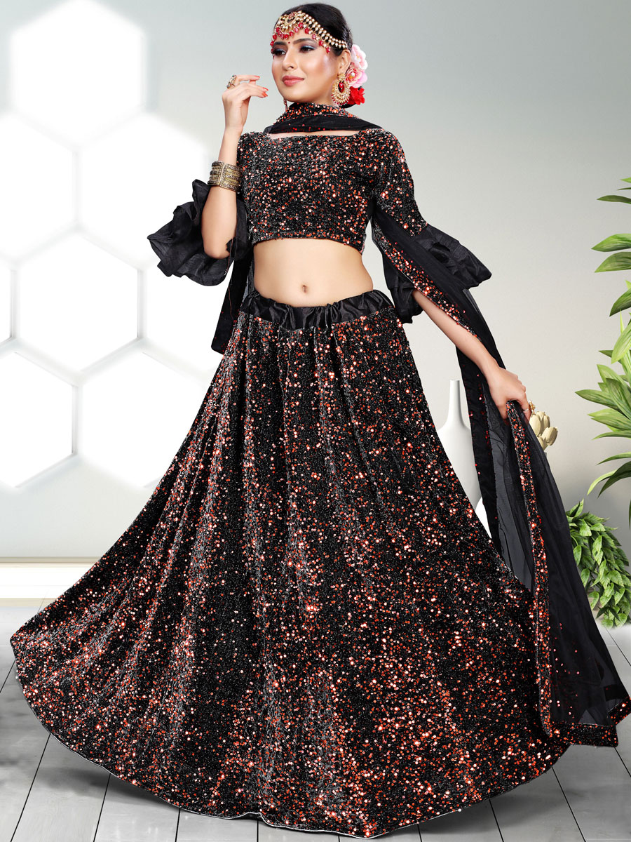 Coral Pink and Black Velvet Embroidered Party Lehenga