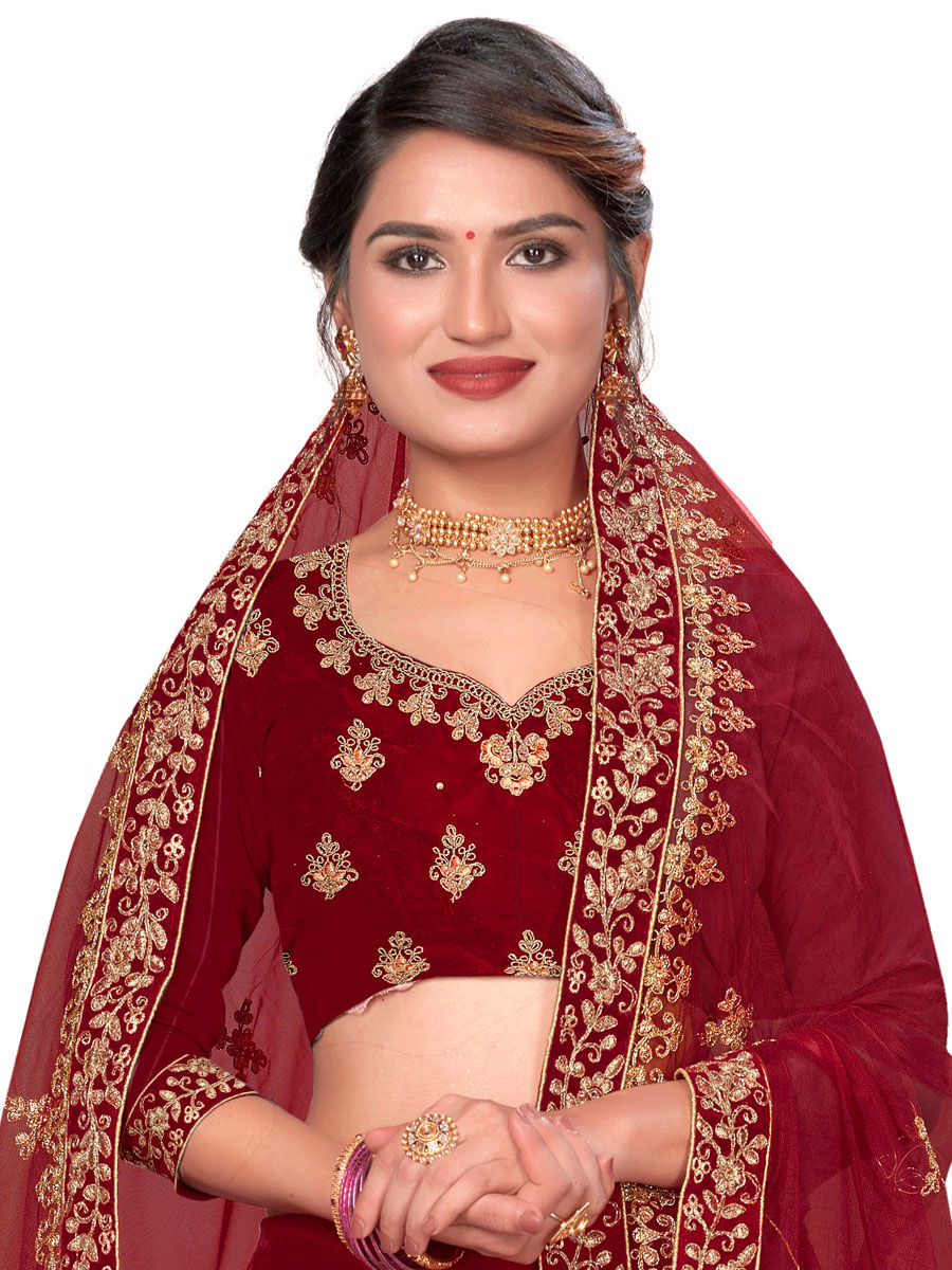 Maroon Velvet Embroidered Bridal Lehenga Choli