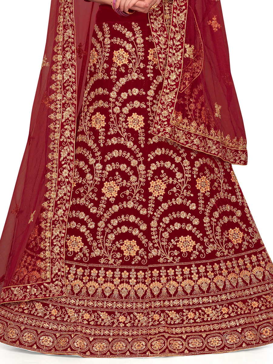 Maroon Velvet Embroidered Bridal Lehenga Choli