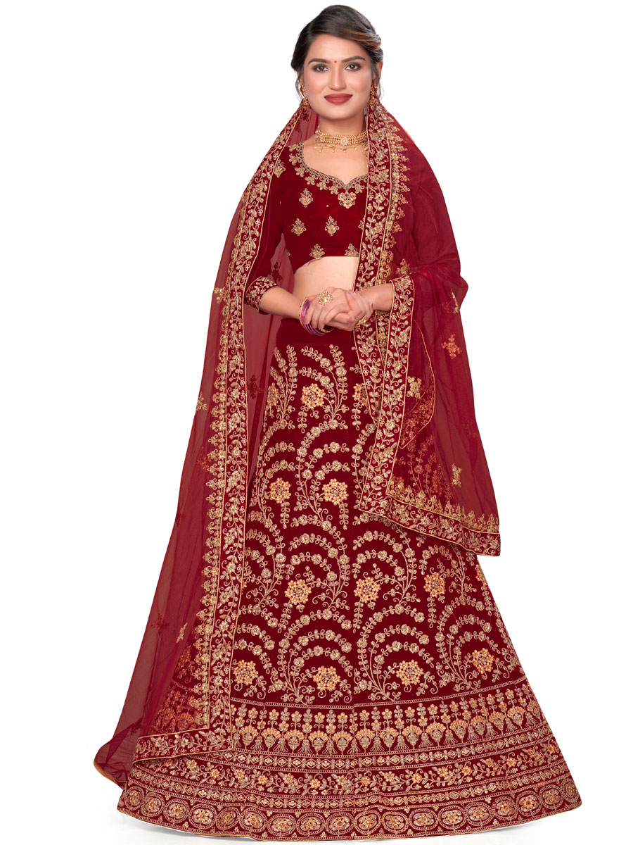 Maroon Velvet Embroidered Bridal Lehenga Choli