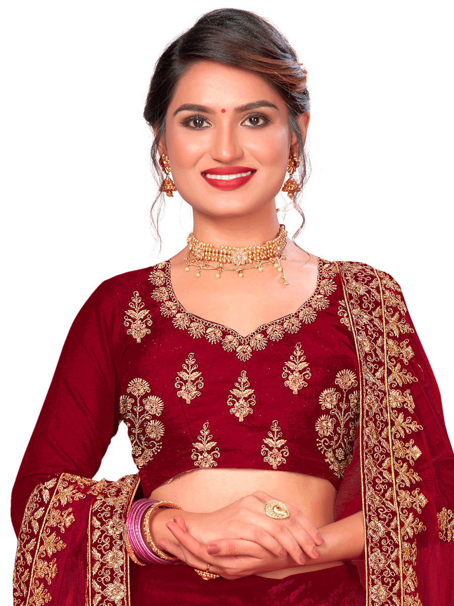 Maroon Velvet Embroidered Bridal Lehenga Choli