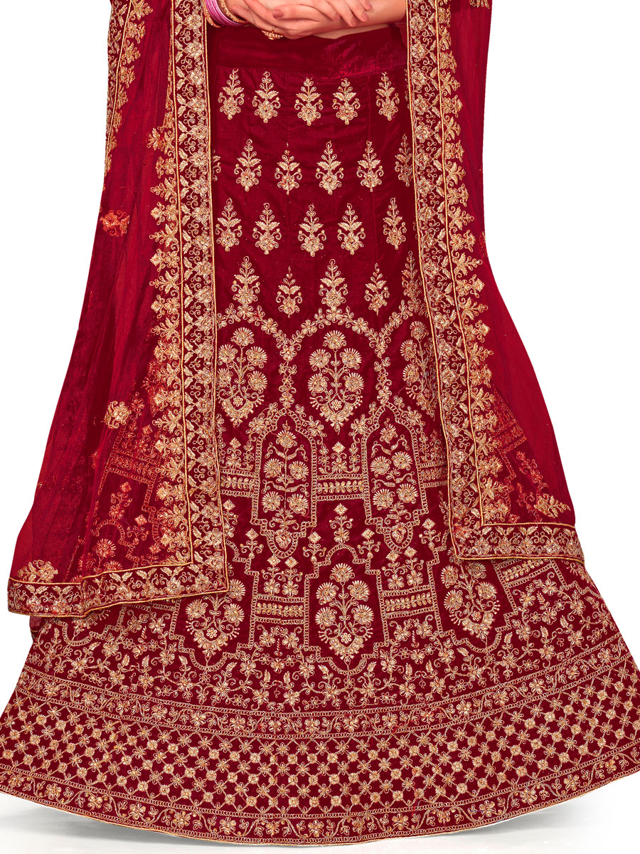 Maroon Velvet Embroidered Bridal Lehenga Choli