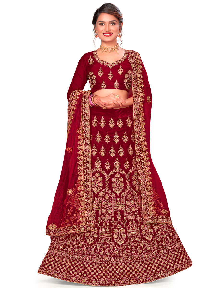 Maroon Velvet Embroidered Bridal Lehenga Choli