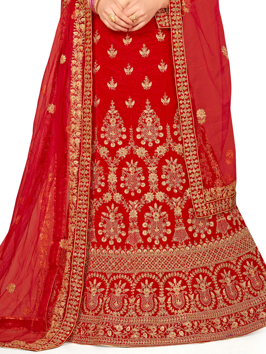 Red Velvet Embroidered Bridal Lehenga Choli