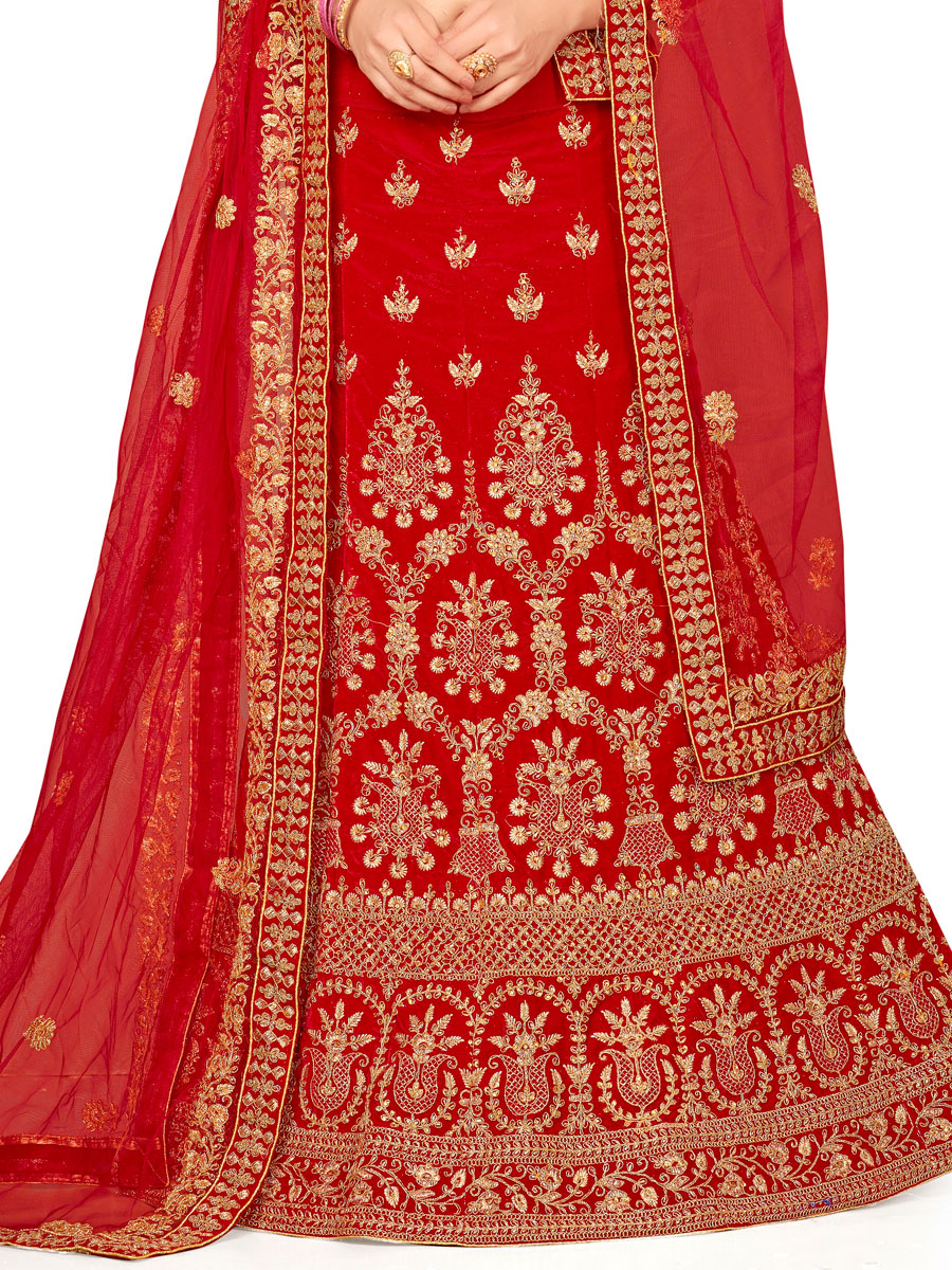 Red Velvet Embroidered Bridal Lehenga Choli