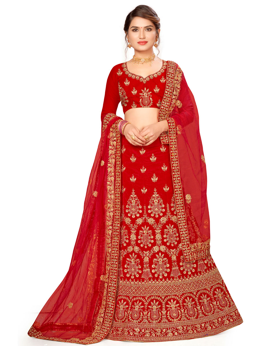 Red Velvet Embroidered Bridal Lehenga Choli