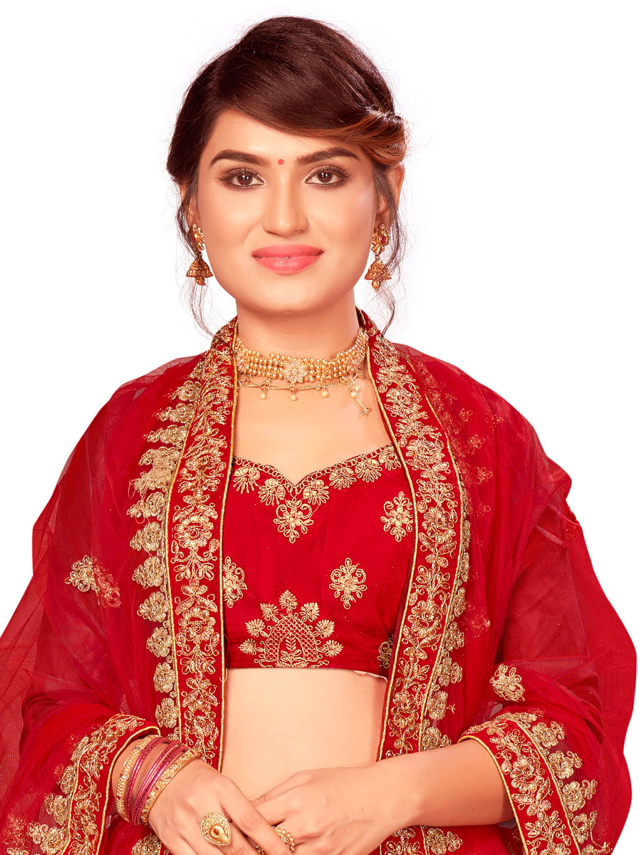 Red Velvet Embroidered Bridal Lehenga Choli
