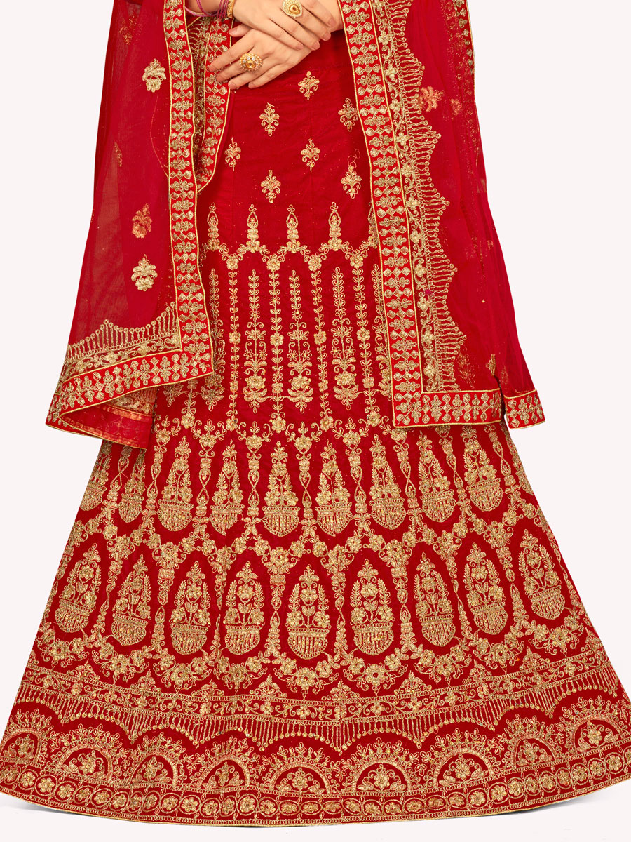 Red Velvet Embroidered Bridal Lehenga Choli