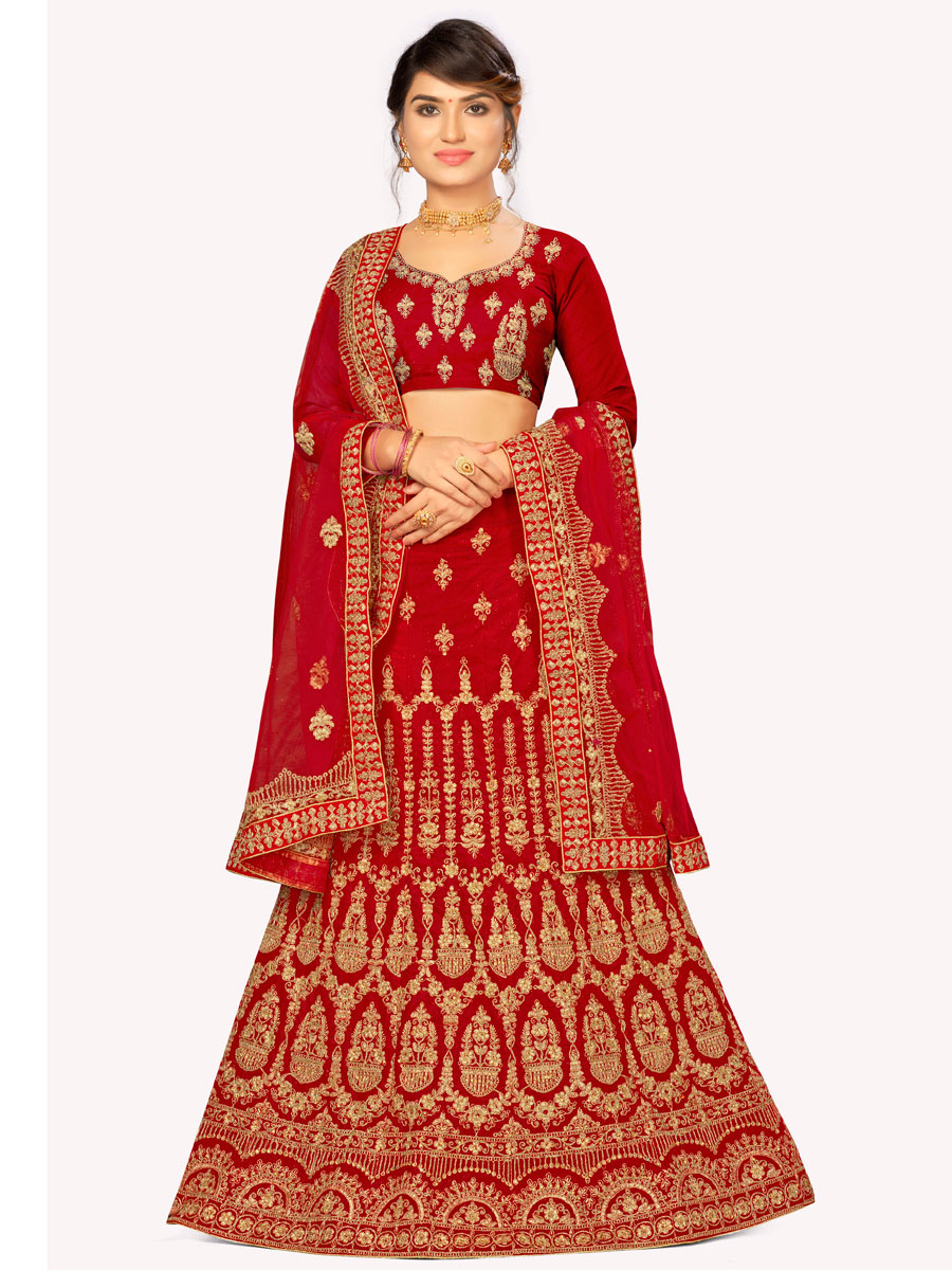 Red Velvet Embroidered Bridal Lehenga Choli