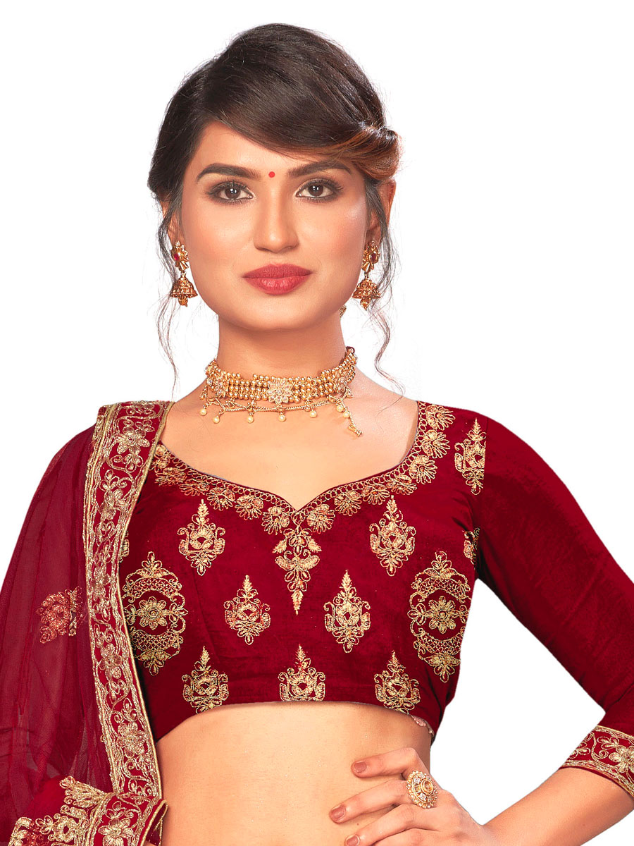 Maroon Velvet Embroidered Bridal Lehenga Choli