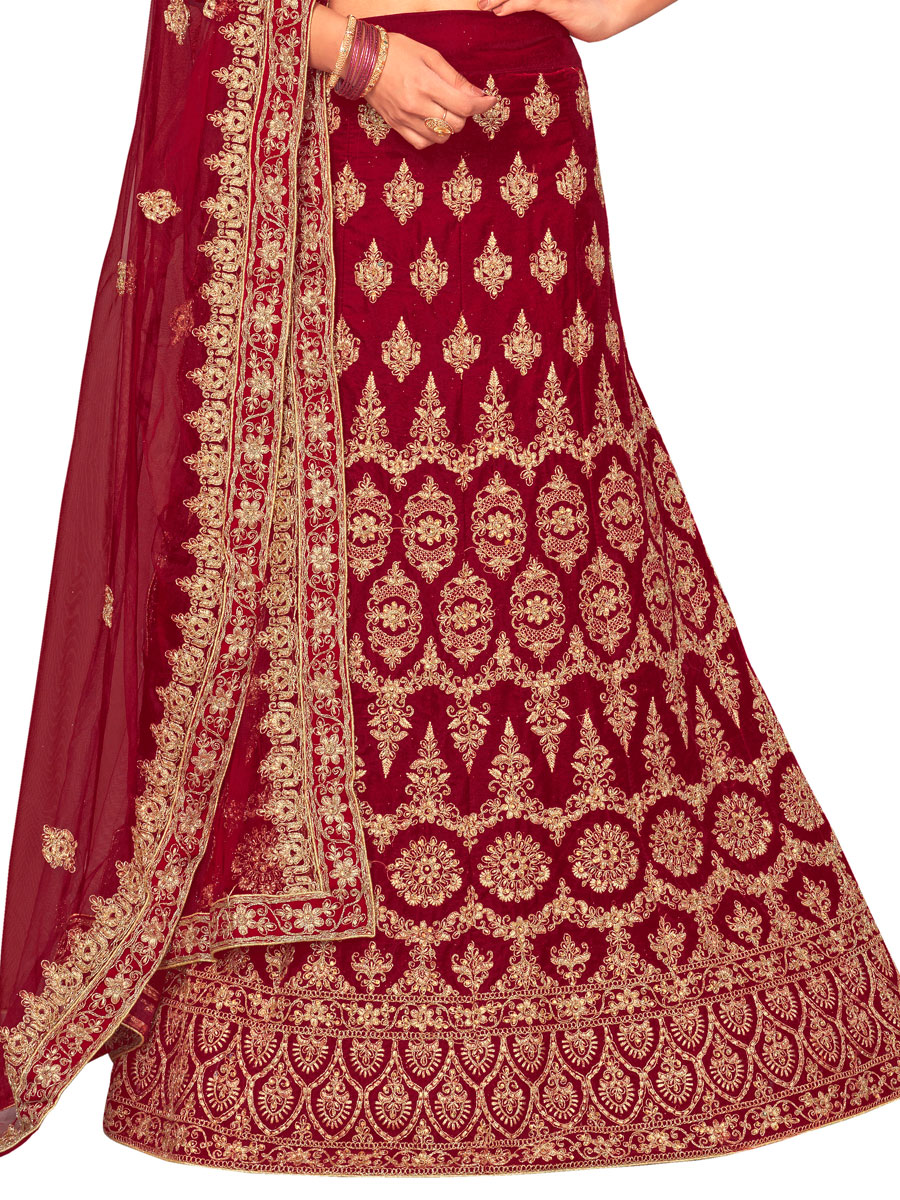 Maroon Velvet Embroidered Bridal Lehenga Choli