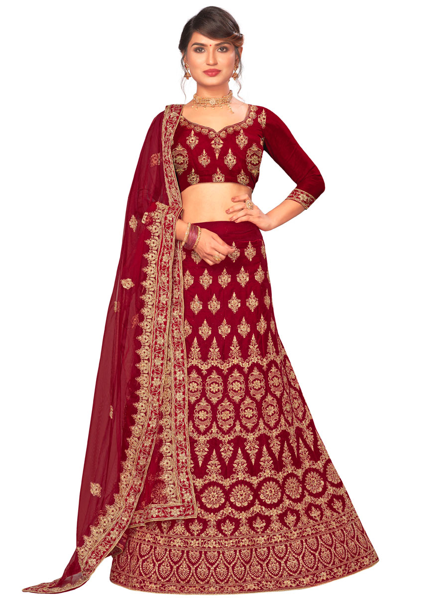 Maroon Velvet Embroidered Bridal Lehenga Choli