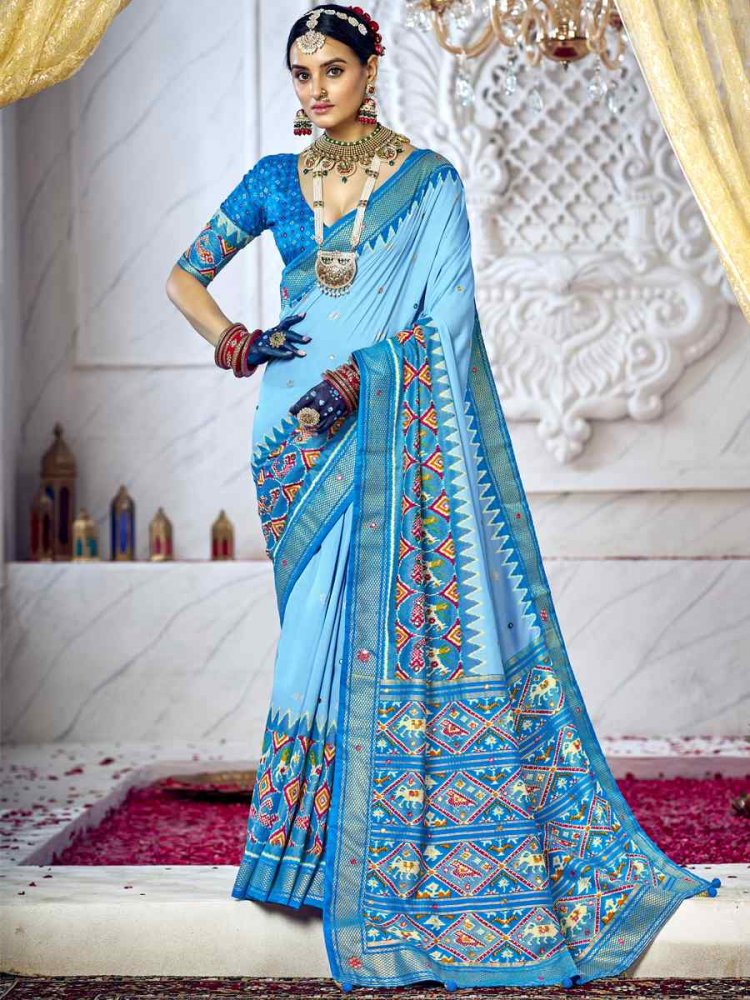 Light Blue Cotton Silk Handwoven Mehendi Festival Heavy Border Saree