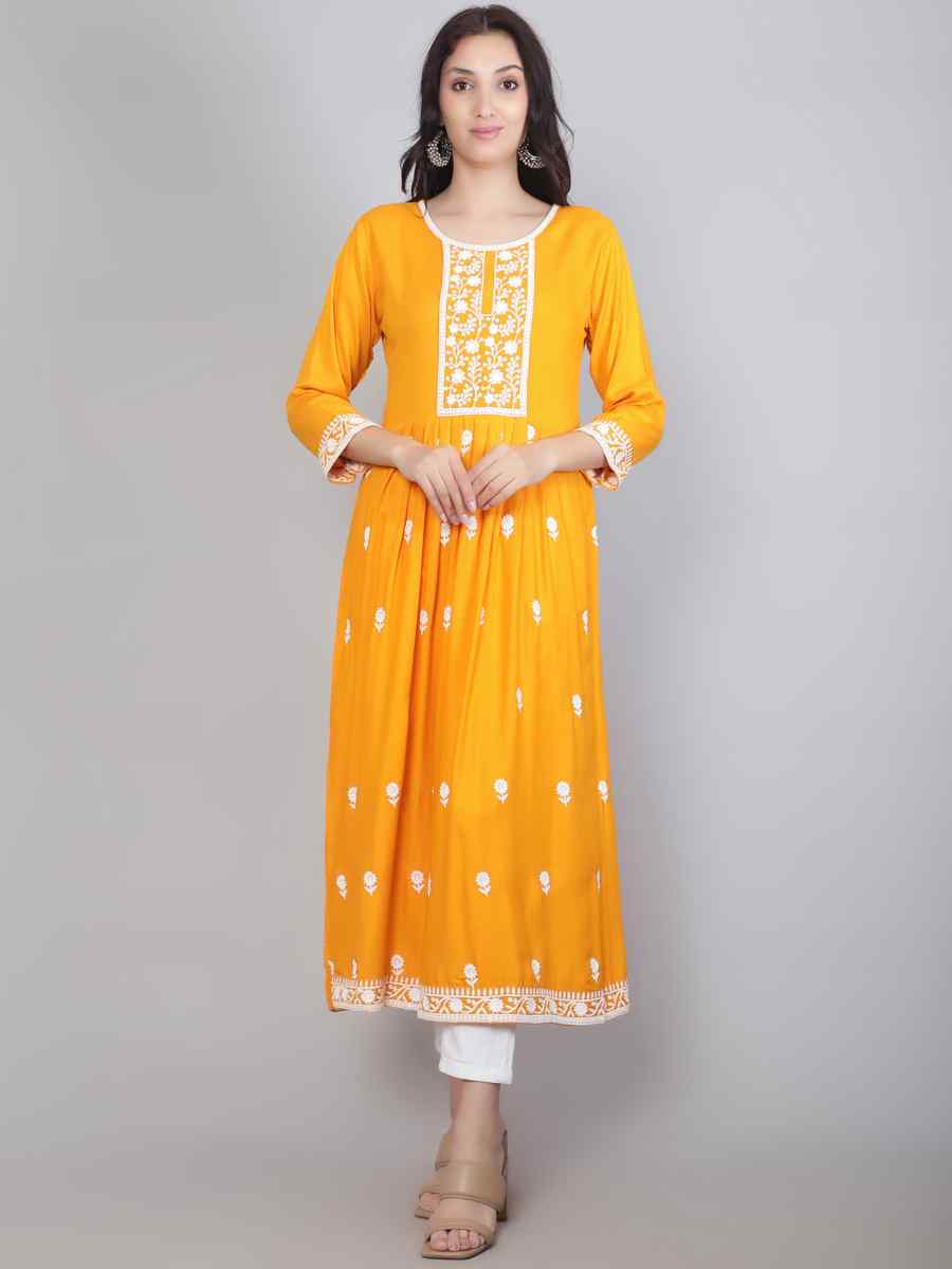 Yellow Rayon Embroidered Festival Casual Kurti