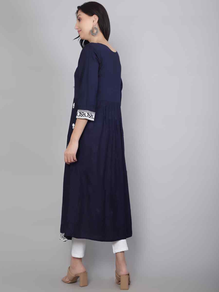Nevy Blue Rayon Embroidered Festival Casual Kurti